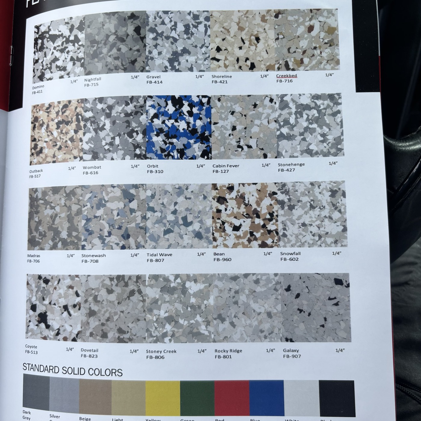 Epoxy flake flooring color sample guide
